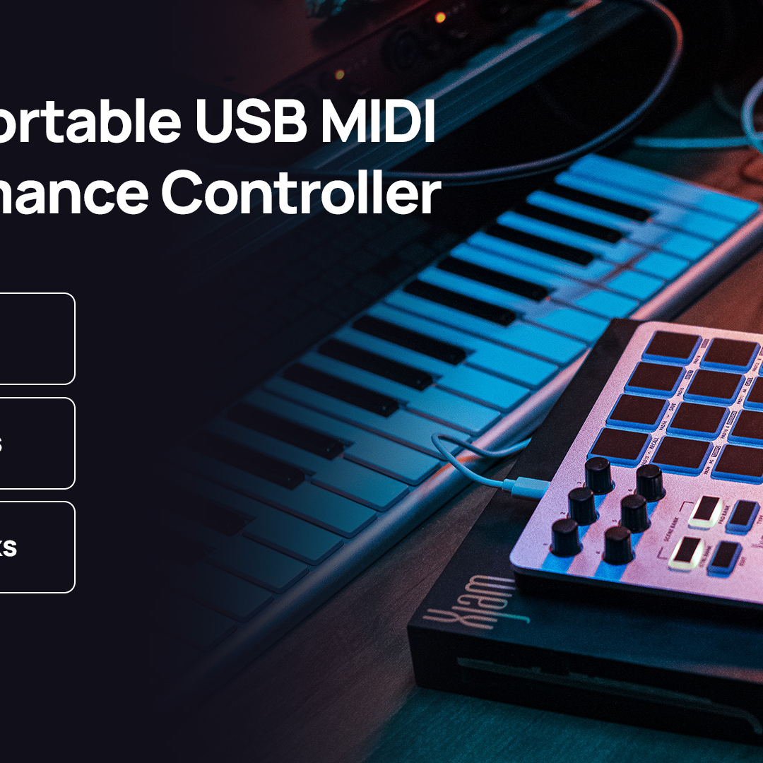 Xjam is an ultra-portable USB MIDI performance controller with 16 pads, 6 knobs, and 48 banks